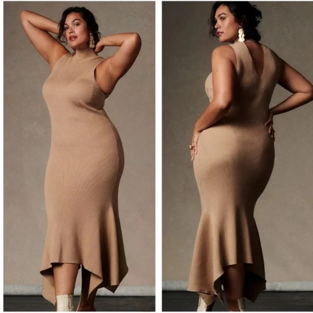 Anthropologie Mock Neck Midi Dress Tan size XL - Picture 1 of 15